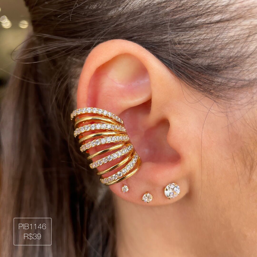 Piercing Fake 10 Fios Cravejados/Lisos Intercalados Cristal Dourado